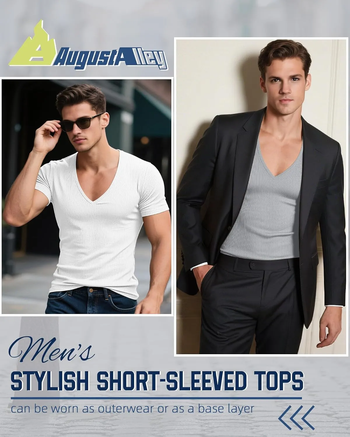 3 Pack Men's Deep V Neck T-Shirts Ribbed Knit Slim Fit Muscle Tee Shirts Summer Casual Low Cut Stretch Tops