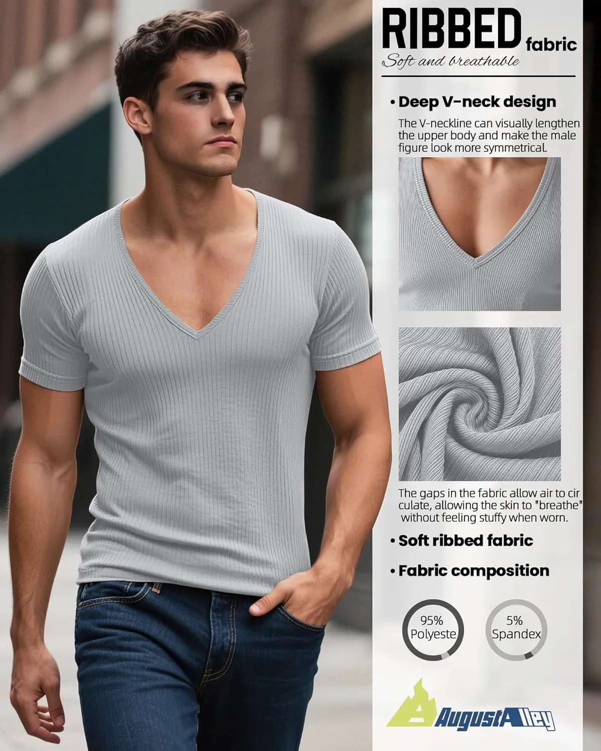 3 Pack Men's Deep V Neck T-Shirts Ribbed Knit Slim Fit Muscle Tee Shirts Summer Casual Low Cut Stretch Tops