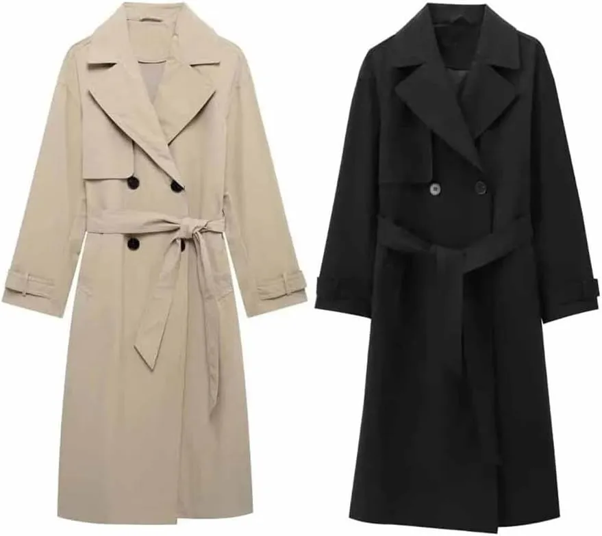 Adhdyuud Women Solid Trenchcoats Double Breasted With Belt Midi Coat Notched Lapel Business Outerwear