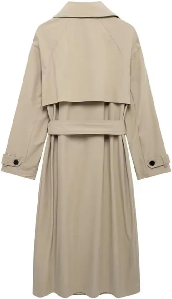Adhdyuud Women Solid Trenchcoats Double Breasted With Belt Midi Coat Notched Lapel Business Outerwear