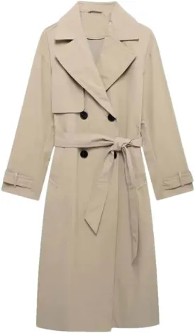 Adhdyuud Women Solid Trenchcoats Double Breasted With Belt Midi Coat Notched Lapel Business Outerwear