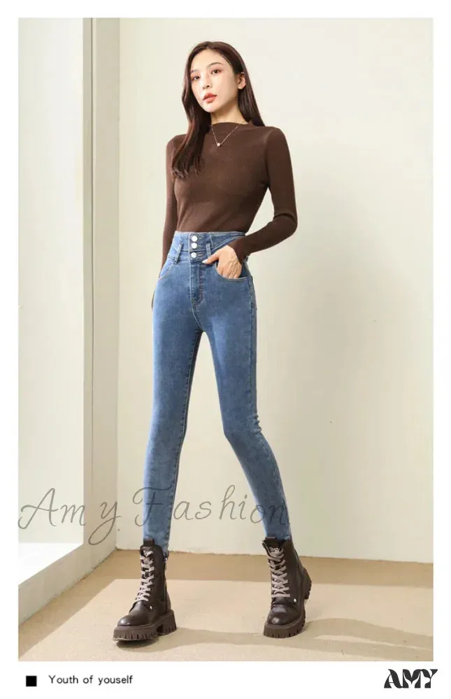 Amy Fashion - Winter Women Thicken Lamb Fluff High Waist Stretchy Fleece Lined Warm Slim Denim Pencil Pants Jean
