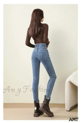Amy Fashion - Winter Women Thicken Lamb Fluff High Waist Stretchy Fleece Lined Warm Slim Denim Pencil Pants Jean
