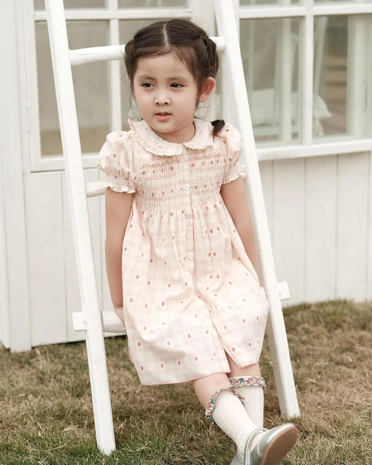 Baby Girls Long Sleeve Smocking Clothing Toddler Fall Floral Smocked Dress Vintage Dresses for Christmas Birthday Holiday