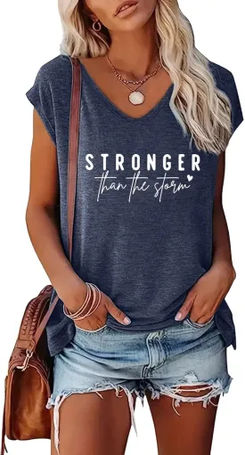 BLACKMYTH Women's Graphic Tees V-Neck Stronger Cap Sleeve T-Shirts
