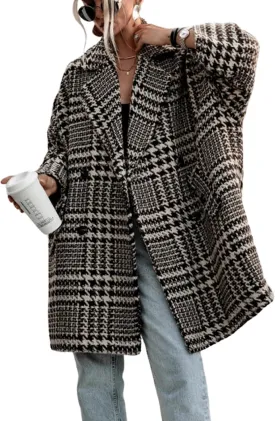 CHARTOU Womens Oversized Blazed Collar Double Breasted Overcoat Thick Plaid Pea Coat Jacket Long Trench Coat