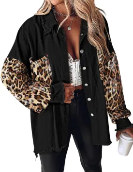 CHICME BEST SHOPPING DEALS Womens Jacket Sequin Patchwork Long Sleeve Jacket Top Button Front Oversized Denim Shacket