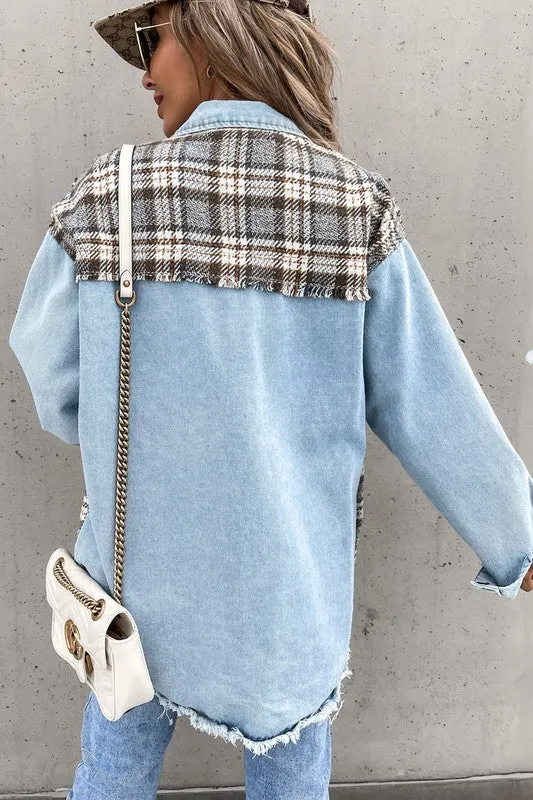 Denim and Checker Contrast Shirt Jacket