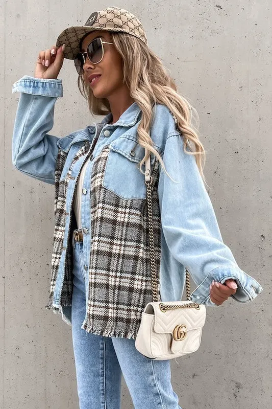 Denim and Checker Contrast Shirt Jacket