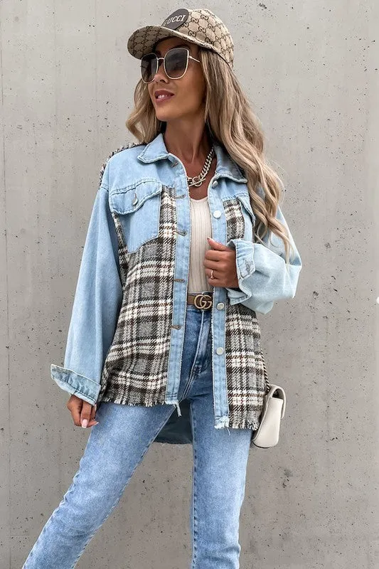 Denim and Checker Contrast Shirt Jacket