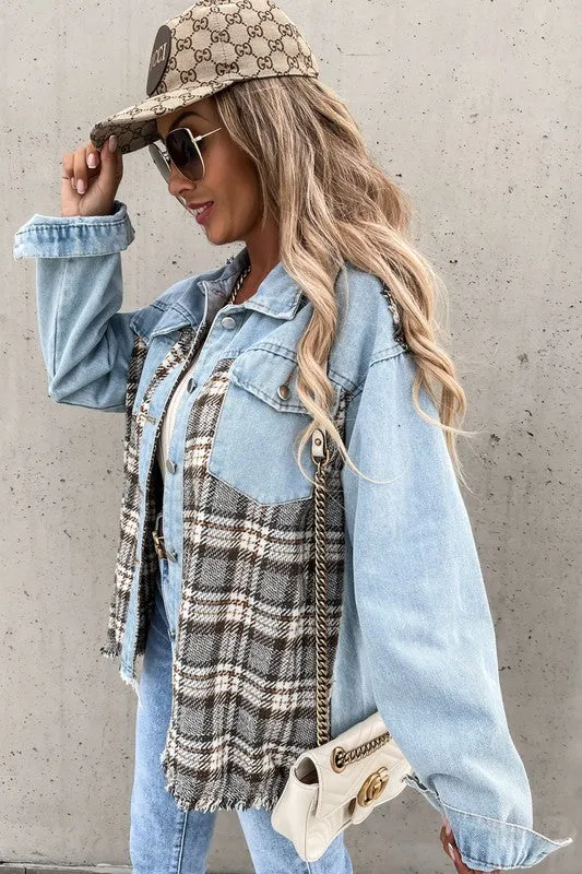 Denim and Checker Contrast Shirt Jacket