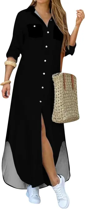 GORIFE Lady's Button Up Lapel Long Sleeve Dress Split Lightweight Blouse Dress Pocket Sexy Maxi Dress