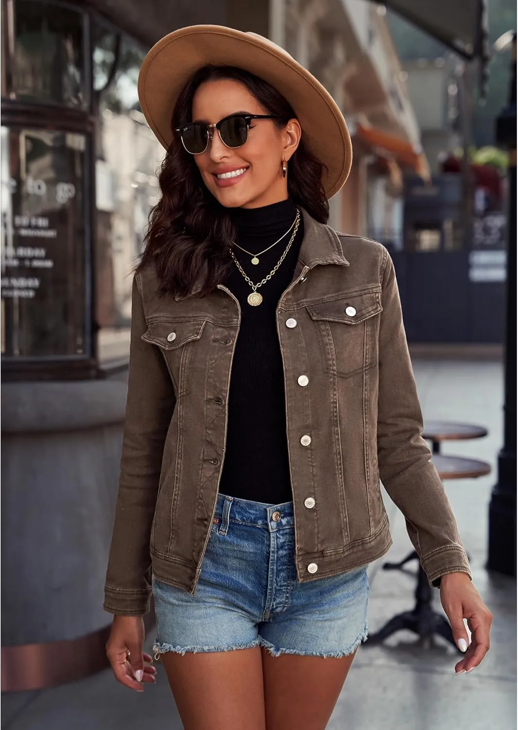 GRAPENT Women's Basic Button Down Long Sleeve Stretchy Jean Trucker Denim Jacket