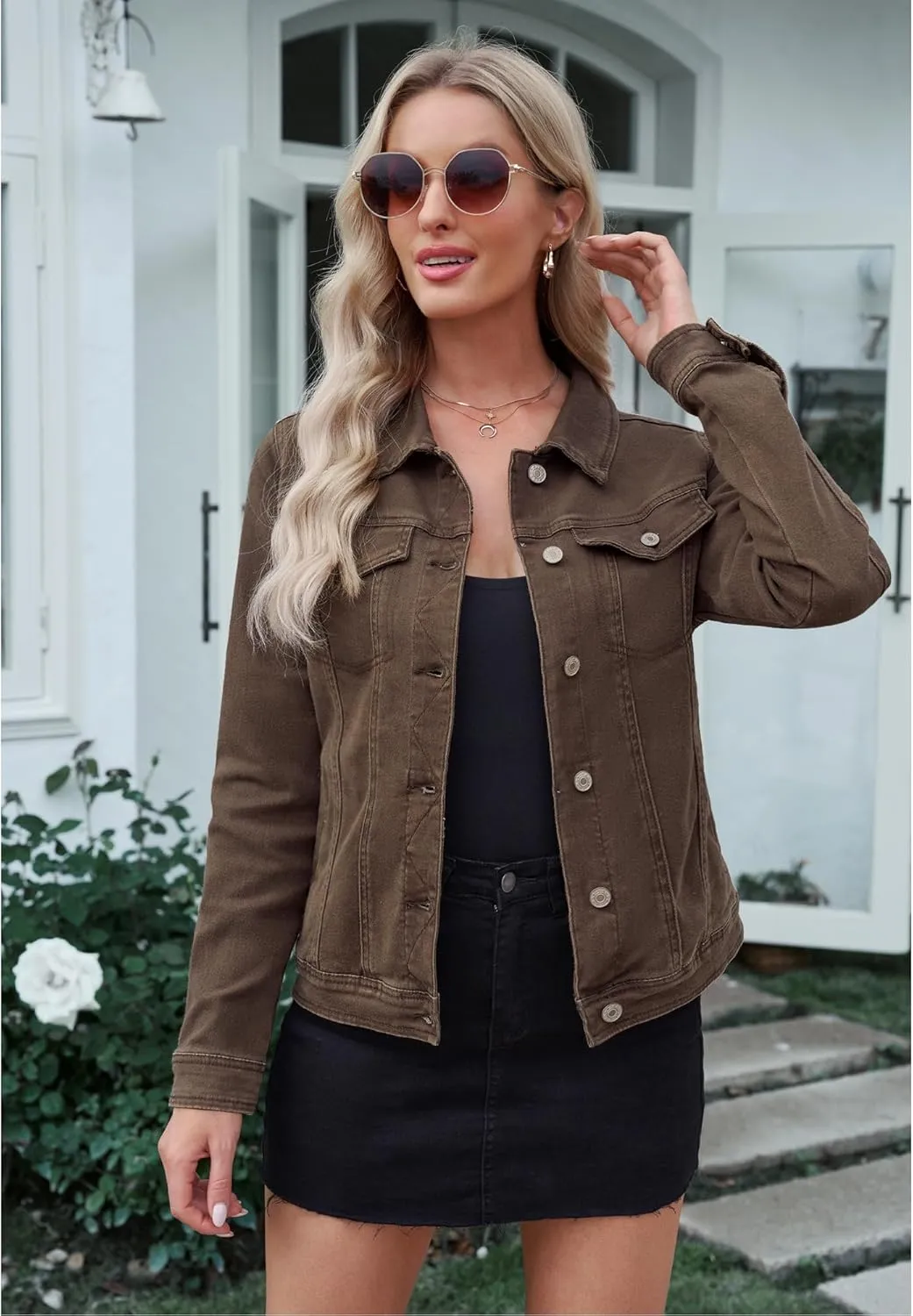 GRAPENT Women's Basic Button Down Long Sleeve Stretchy Jean Trucker Denim Jacket