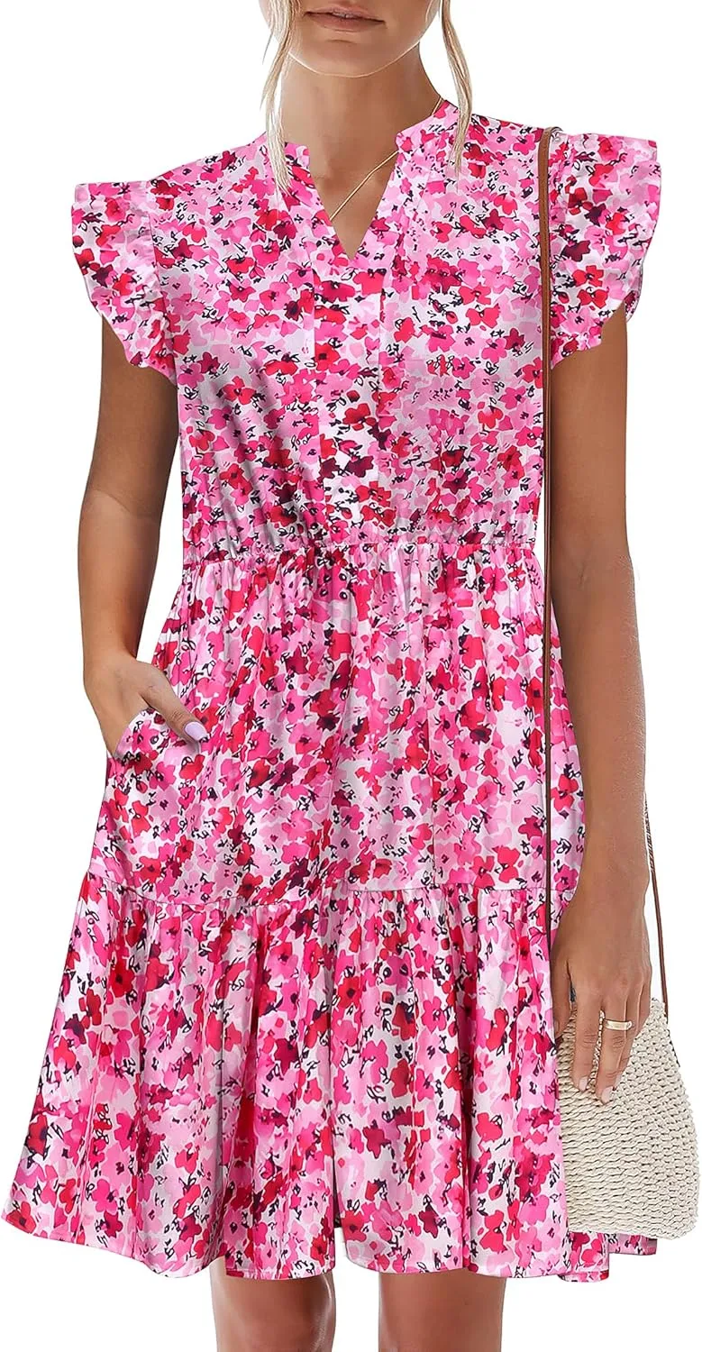 HOTOUCH Women Printed Dress for Summer Short Ruffle Sleeve Dress Tiered Mini Dress with Pockets