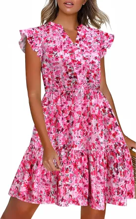 HOTOUCH Women Printed Dress for Summer Short Ruffle Sleeve Dress Tiered Mini Dress with Pockets
