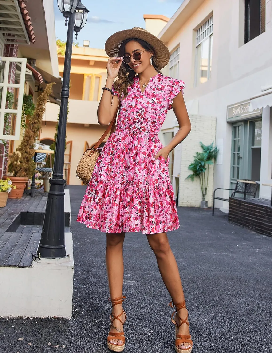 HOTOUCH Women Printed Dress for Summer Short Ruffle Sleeve Dress Tiered Mini Dress with Pockets