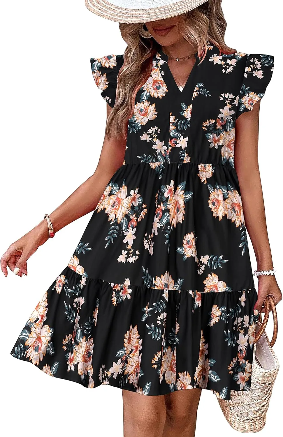 HOTOUCH Women Printed Dress for Summer Short Ruffle Sleeve Dress Tiered Mini Dress with Pockets