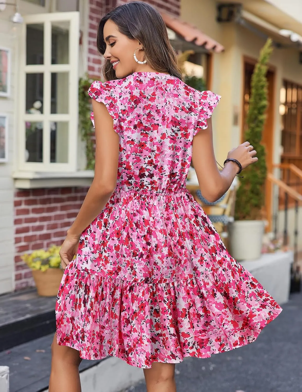 HOTOUCH Women Printed Dress for Summer Short Ruffle Sleeve Dress Tiered Mini Dress with Pockets
