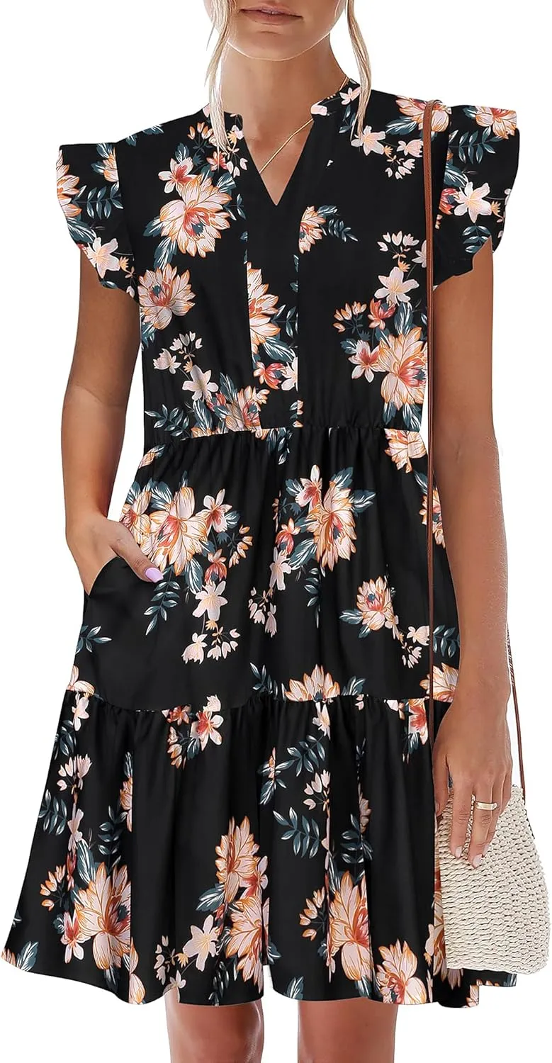HOTOUCH Women Printed Dress for Summer Short Ruffle Sleeve Dress Tiered Mini Dress with Pockets