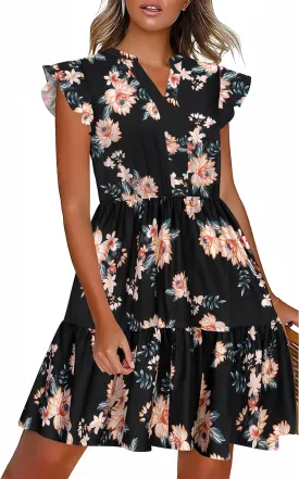 HOTOUCH Women Printed Dress for Summer Short Ruffle Sleeve Dress Tiered Mini Dress with Pockets