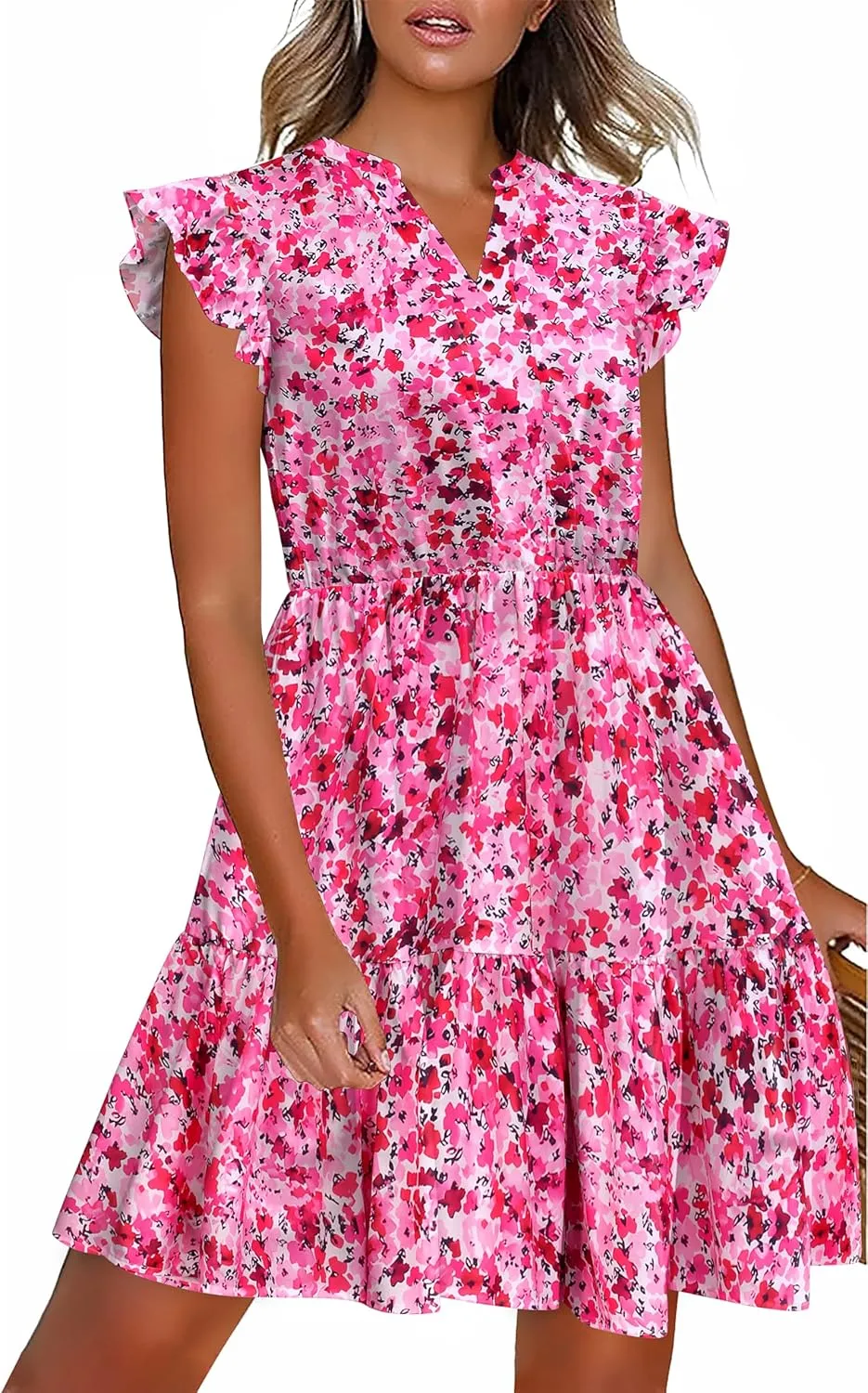 HOTOUCH Women Printed Dress for Summer Short Ruffle Sleeve Dress Tiered Mini Dress with Pockets