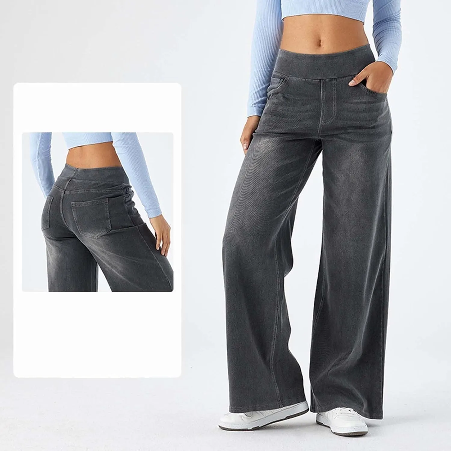 Large Size Denim High-Waisted Thin Multi-Pocket Straight Loose Dressy Casual Pants