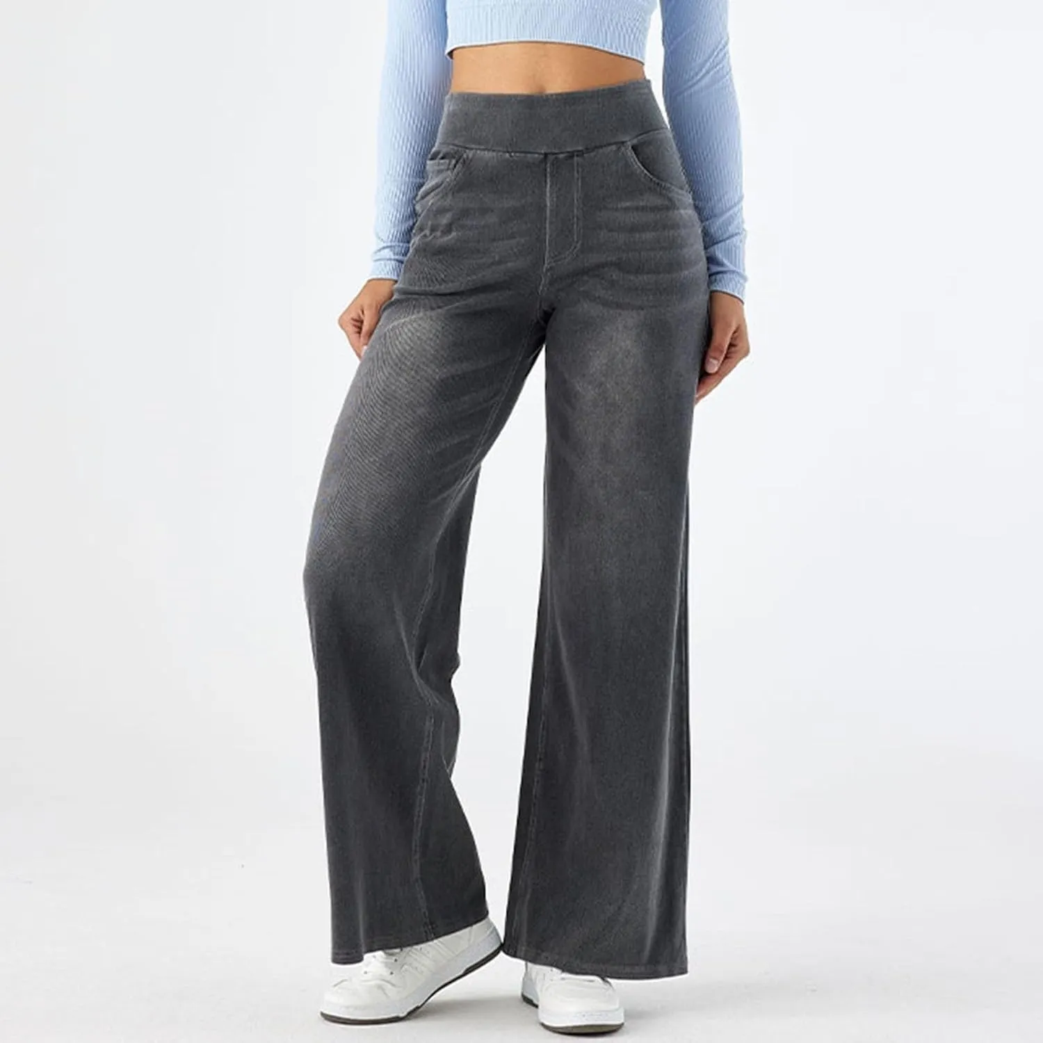 Large Size Denim High-Waisted Thin Multi-Pocket Straight Loose Dressy Casual Pants
