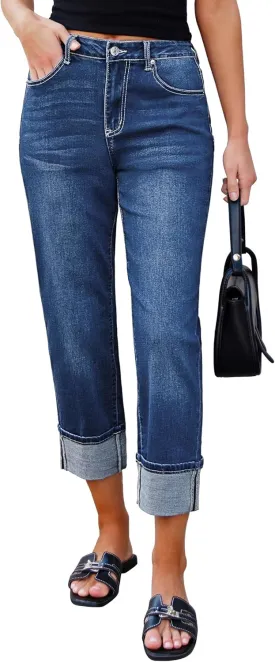luvamia Straight Leg Jeans for Women Trendy Cropped High Waisted Cuffed Hem Stretchy Boyfriend Capri Jeans with Pockets