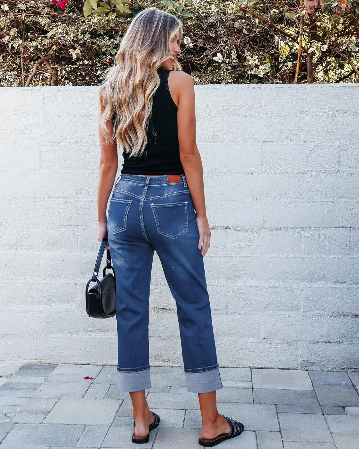 luvamia Straight Leg Jeans for Women Trendy Cropped High Waisted Cuffed Hem Stretchy Boyfriend Capri Jeans with Pockets