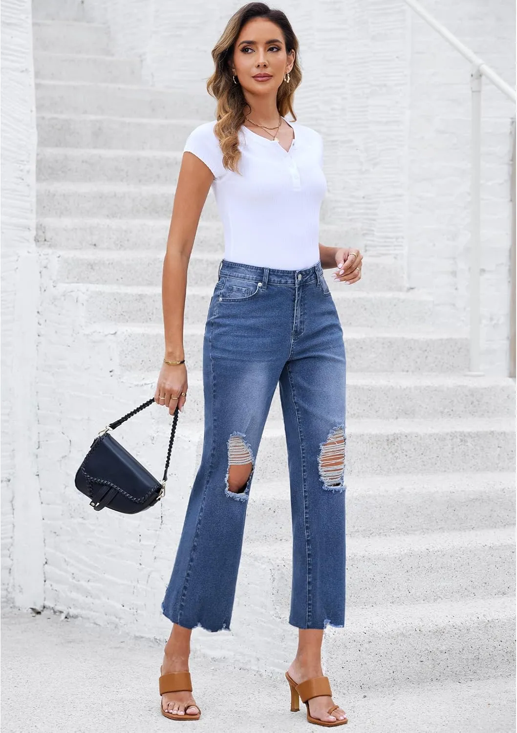 luvamia Wide Leg Jeans for Women Trendy High Waisted Flare Ripped Cropped Jeans Stretchy Distressed Denim Pants Raw Hem