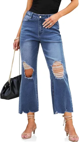 luvamia Wide Leg Jeans for Women Trendy High Waisted Flare Ripped Cropped Jeans Stretchy Distressed Denim Pants Raw Hem