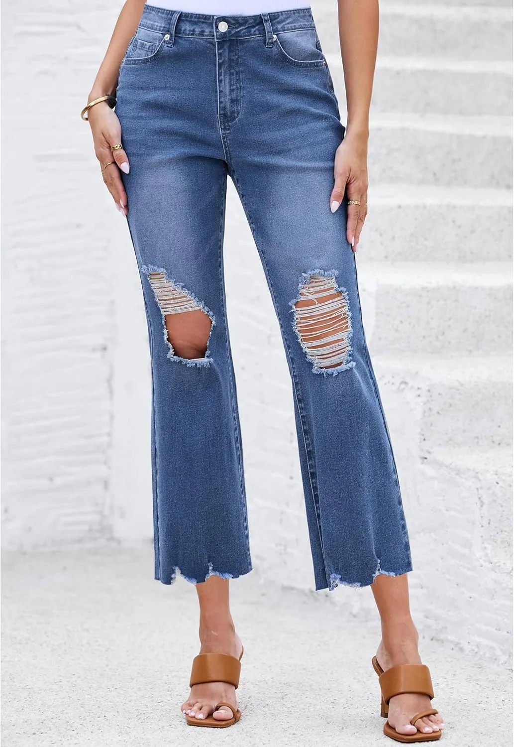 luvamia Wide Leg Jeans for Women Trendy High Waisted Flare Ripped Cropped Jeans Stretchy Distressed Denim Pants Raw Hem
