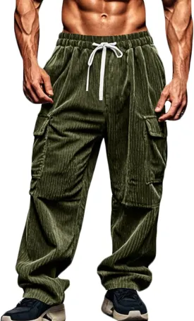 Mens Baggy Corduroy Cargo Pants Vintage Casual Drawstring Wide Leg Joggers Outdoors Multi Pocket Cargo Trousers
