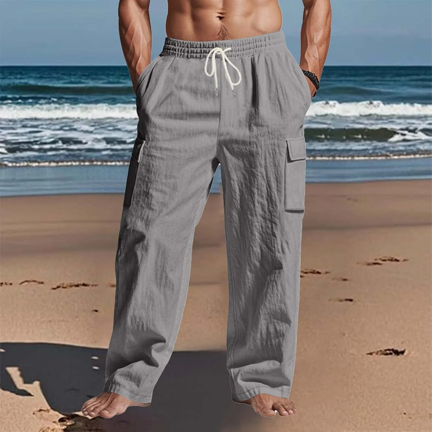 Men's Casual Linen Pants Summer Beach Loose Long Trousers