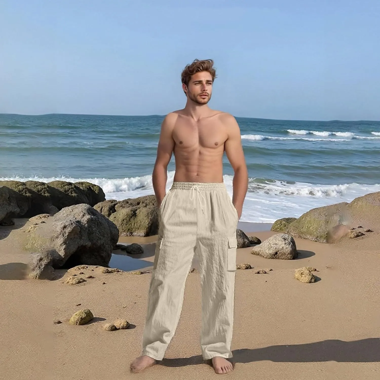 Men's Casual Linen Pants Summer Beach Loose Long Trousers