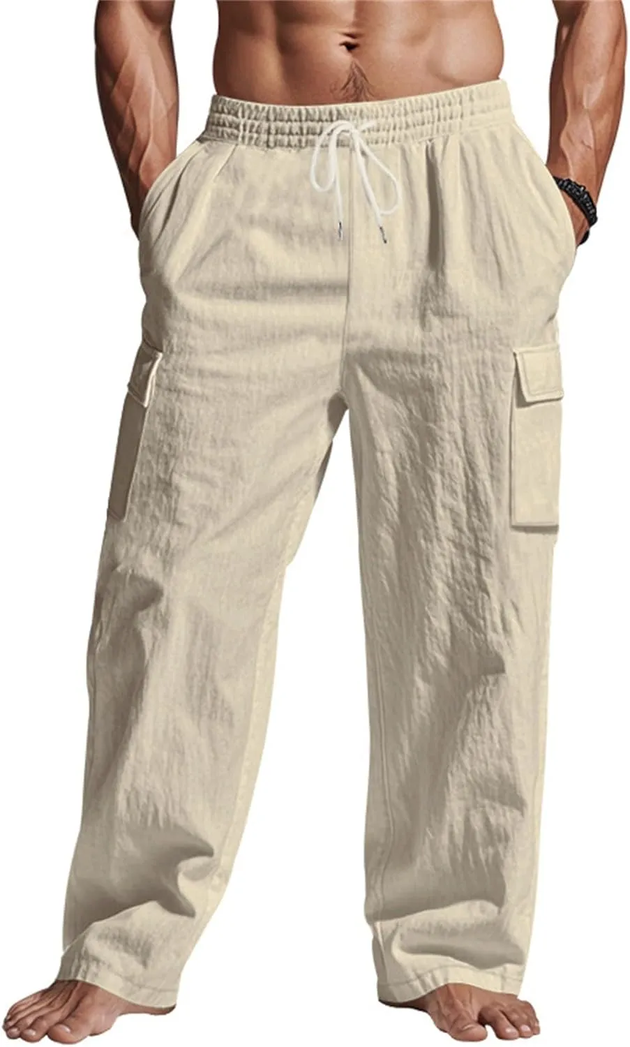 Men's Casual Linen Pants Summer Beach Loose Long Trousers