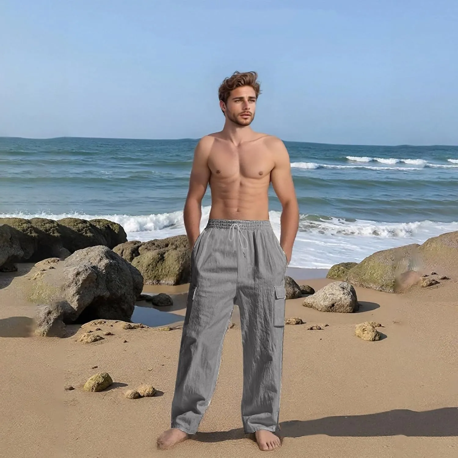 Men's Casual Linen Pants Summer Beach Loose Long Trousers