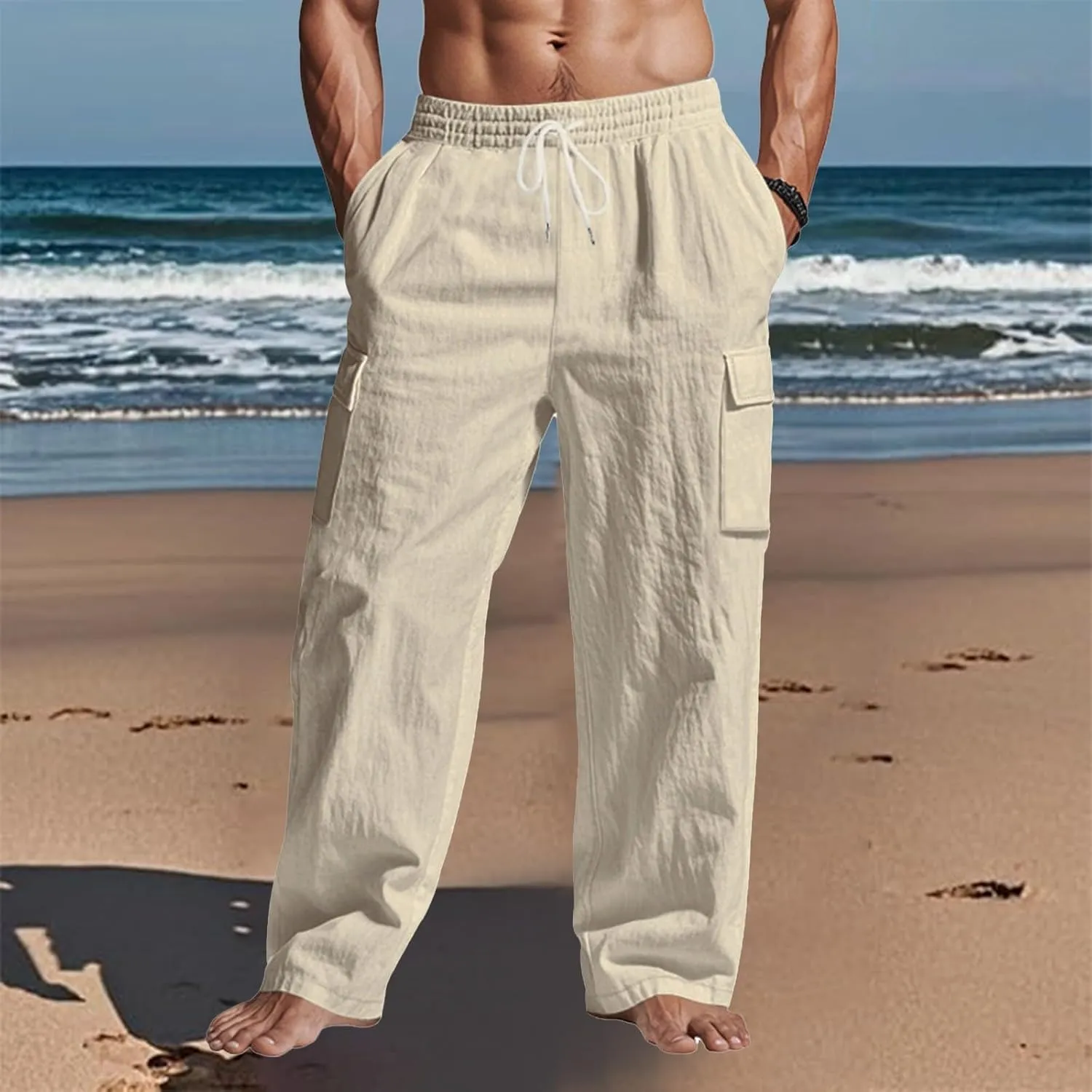 Men's Casual Linen Pants Summer Beach Loose Long Trousers