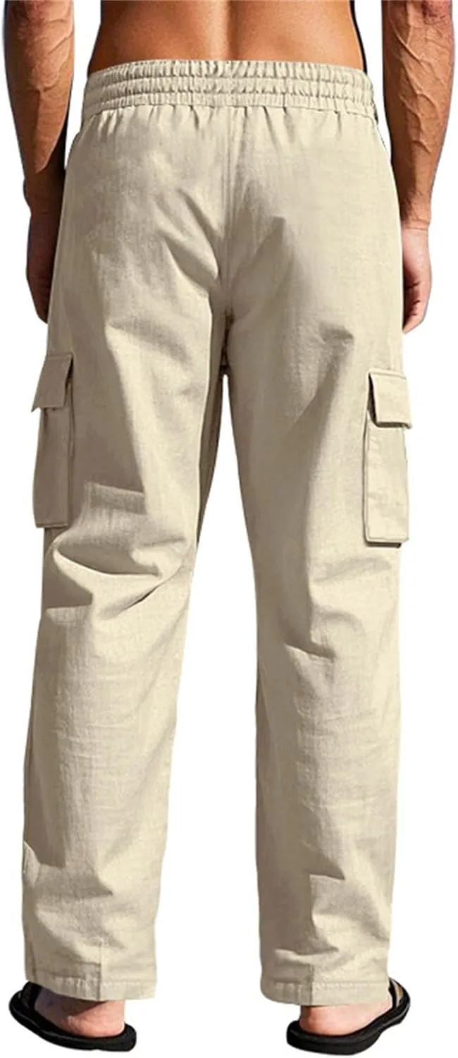 Men's Casual Linen Pants Summer Beach Loose Long Trousers