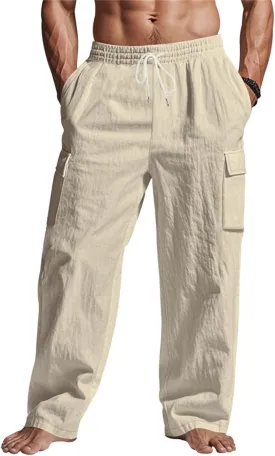 Men's Casual Linen Pants Summer Beach Loose Long Trousers
