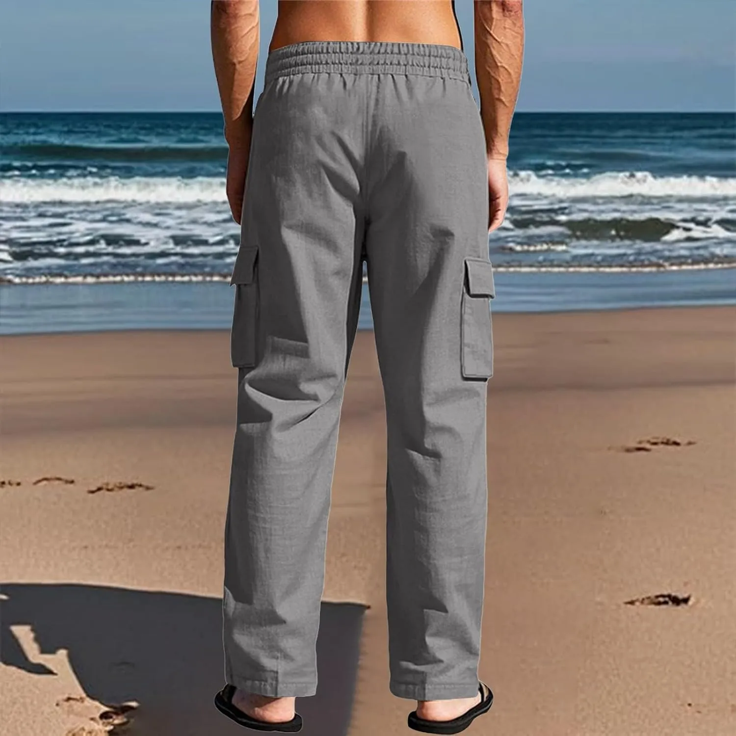 Men's Casual Linen Pants Summer Beach Loose Long Trousers