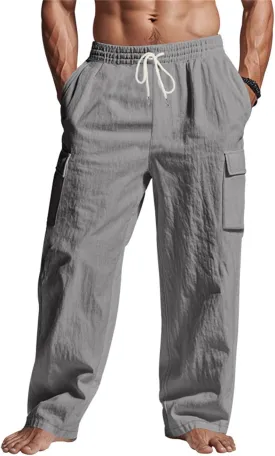 Men's Casual Linen Pants Summer Beach Loose Long Trousers