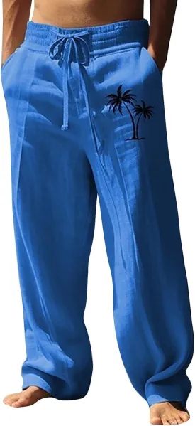 Men's Linen Pants Palm Tree Graphic Casual Pant Summer Outdoor Vacation Beach Plus Size Trousers Open Bottom Slacks