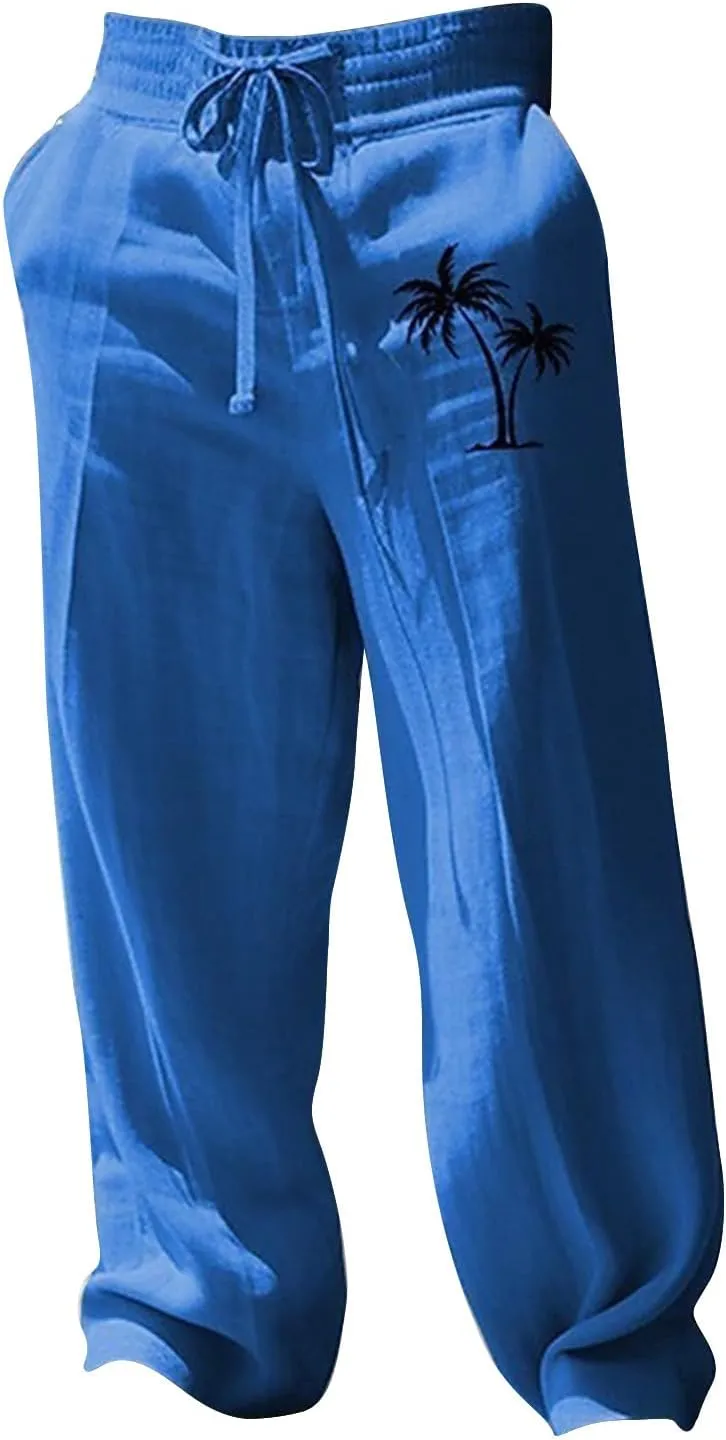 Men's Linen Pants Palm Tree Graphic Casual Pant Summer Outdoor Vacation Beach Plus Size Trousers Open Bottom Slacks