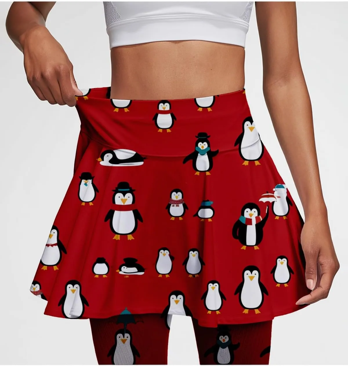 Minimalist Reindeer & Pine Tree Pajama Skirted Leggings for Women Athletic Tennis Skirt, Yoga Pleated Skirt Leggings