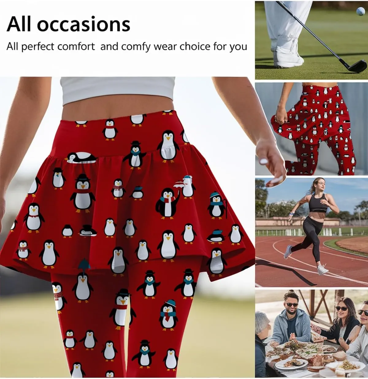Minimalist Reindeer & Pine Tree Pajama Skirted Leggings for Women Athletic Tennis Skirt, Yoga Pleated Skirt Leggings