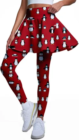 Minimalist Reindeer & Pine Tree Pajama Skirted Leggings for Women Athletic Tennis Skirt, Yoga Pleated Skirt Leggings