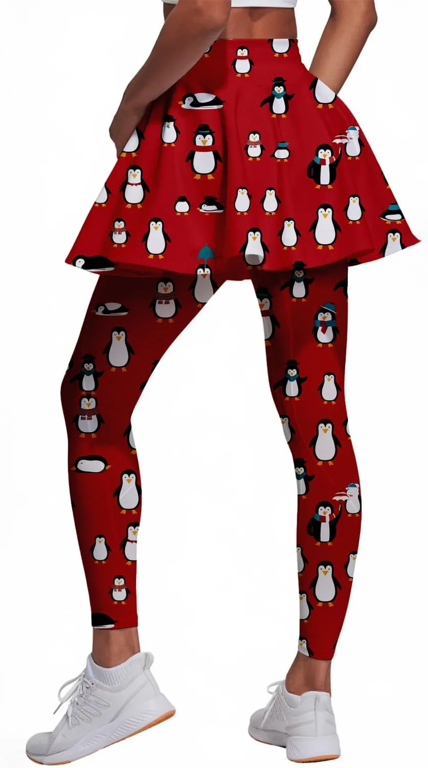 Minimalist Reindeer & Pine Tree Pajama Skirted Leggings for Women Athletic Tennis Skirt, Yoga Pleated Skirt Leggings