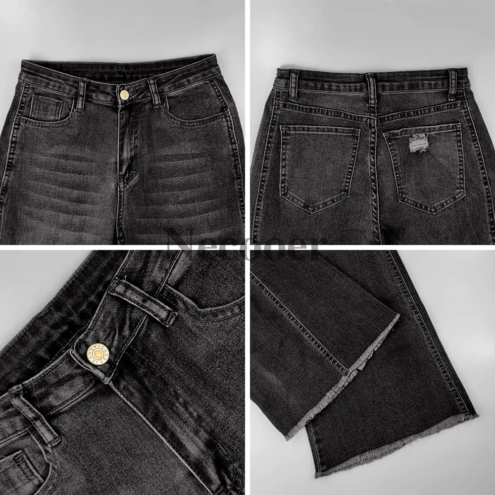 Necooer Womens Flare Jeans Classic Stretch Raw Hem Flare Bell Bottom Denim Jeans Pants